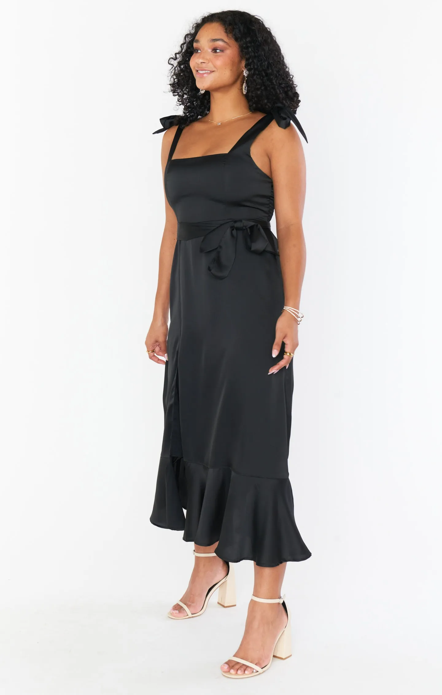 Claire Midi Dress ~ Black Luxe Satin