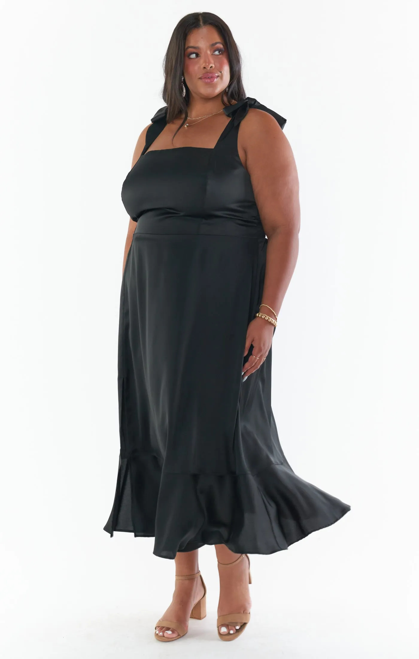 Claire Midi Dress ~ Black Luxe Satin