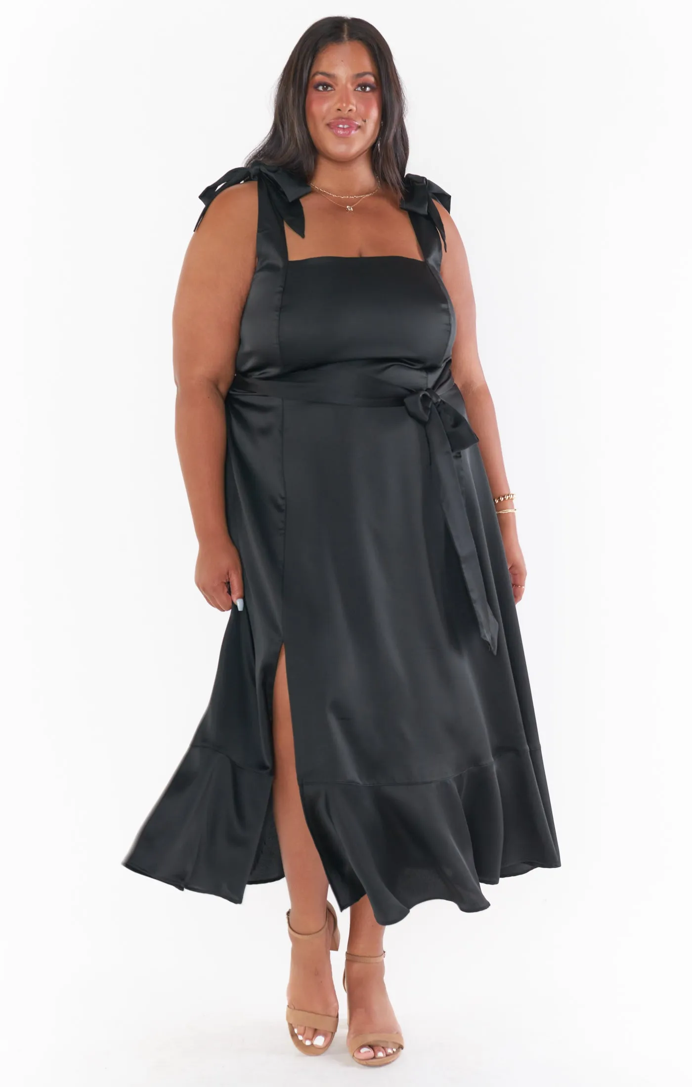 Claire Midi Dress ~ Black Luxe Satin