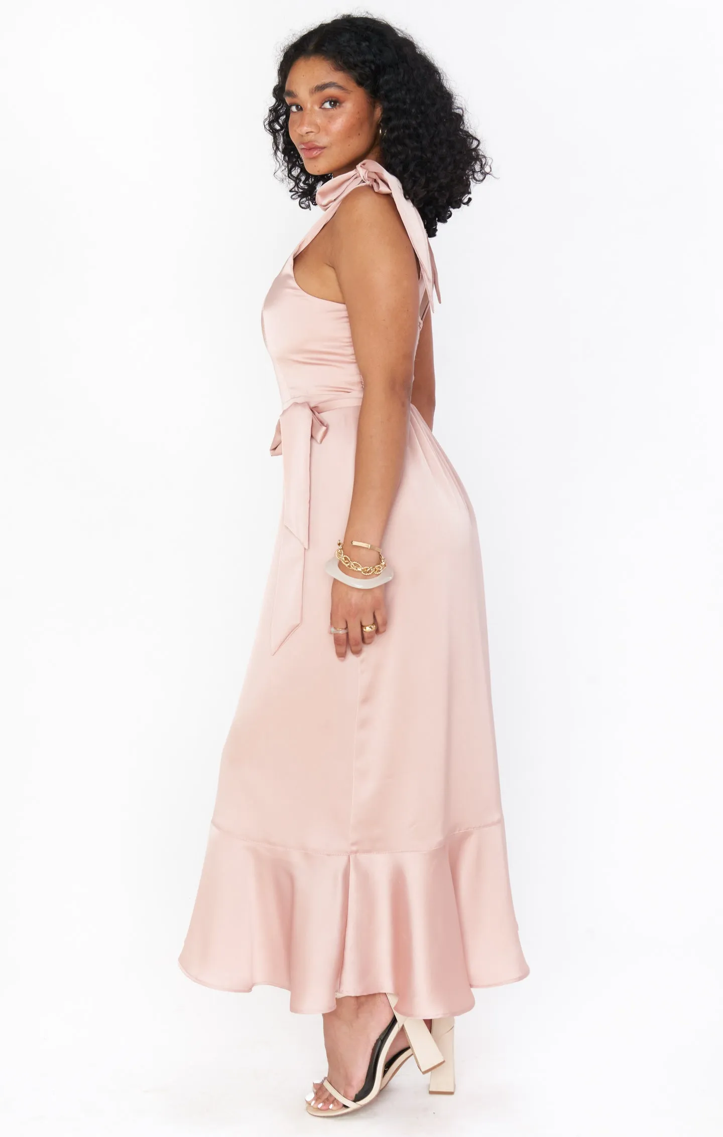 Claire Midi Dress ~ Rose Gold Luxe Satin