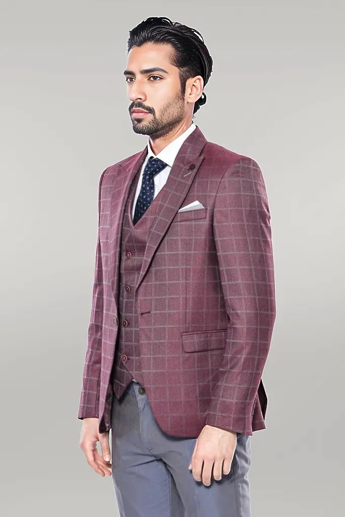 Combined Vested Burgundy Plaid Men's Suit - Wessi