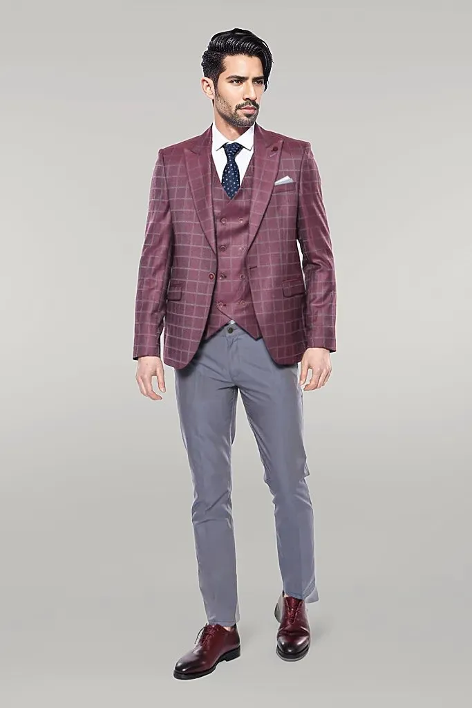 Combined Vested Burgundy Plaid Men's Suit - Wessi