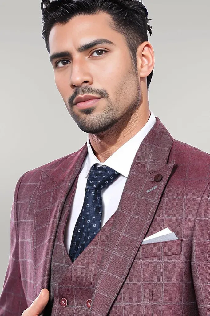 Combined Vested Burgundy Plaid Men's Suit - Wessi