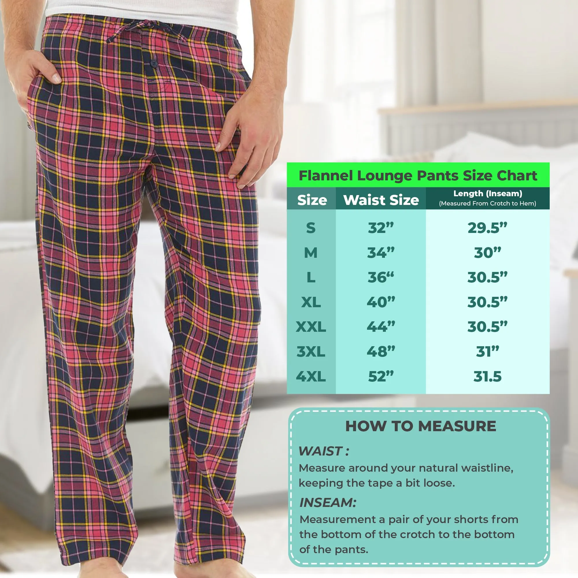 DARESAY Flannel Pajama Pants for Men - Soft Cotton Plaid Pajama Pants, Stretchable Men's Pajama Bottoms with Pockets, 3 Pack.