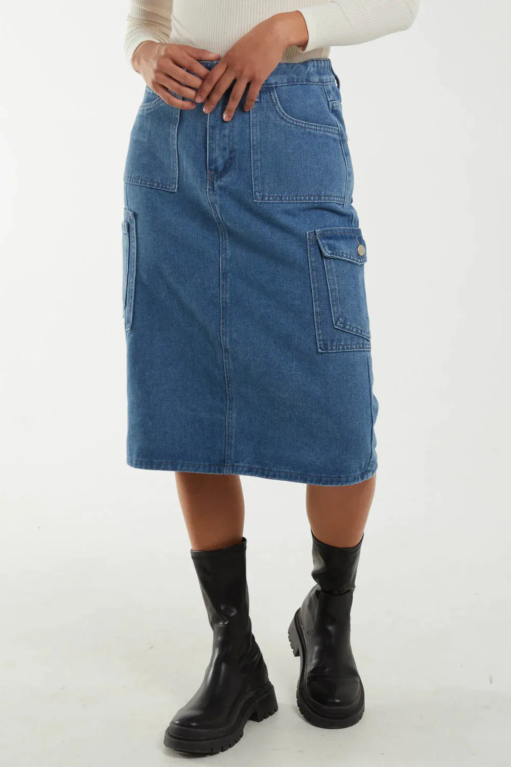 Denim Cargo Pocket Midi Skirt