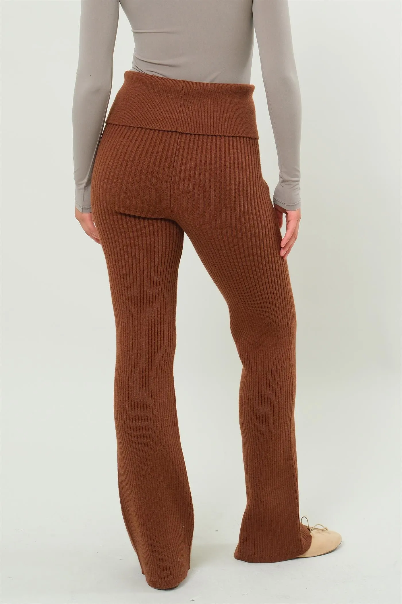 DZ24G075-Fold Over Waist Ribbed Flared Knit Pants