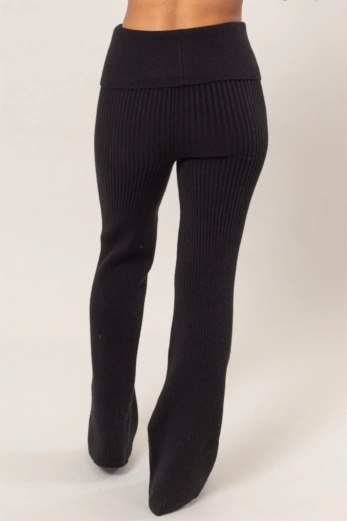 DZ24G075-Fold Over Waist Ribbed Flared Knit Pants