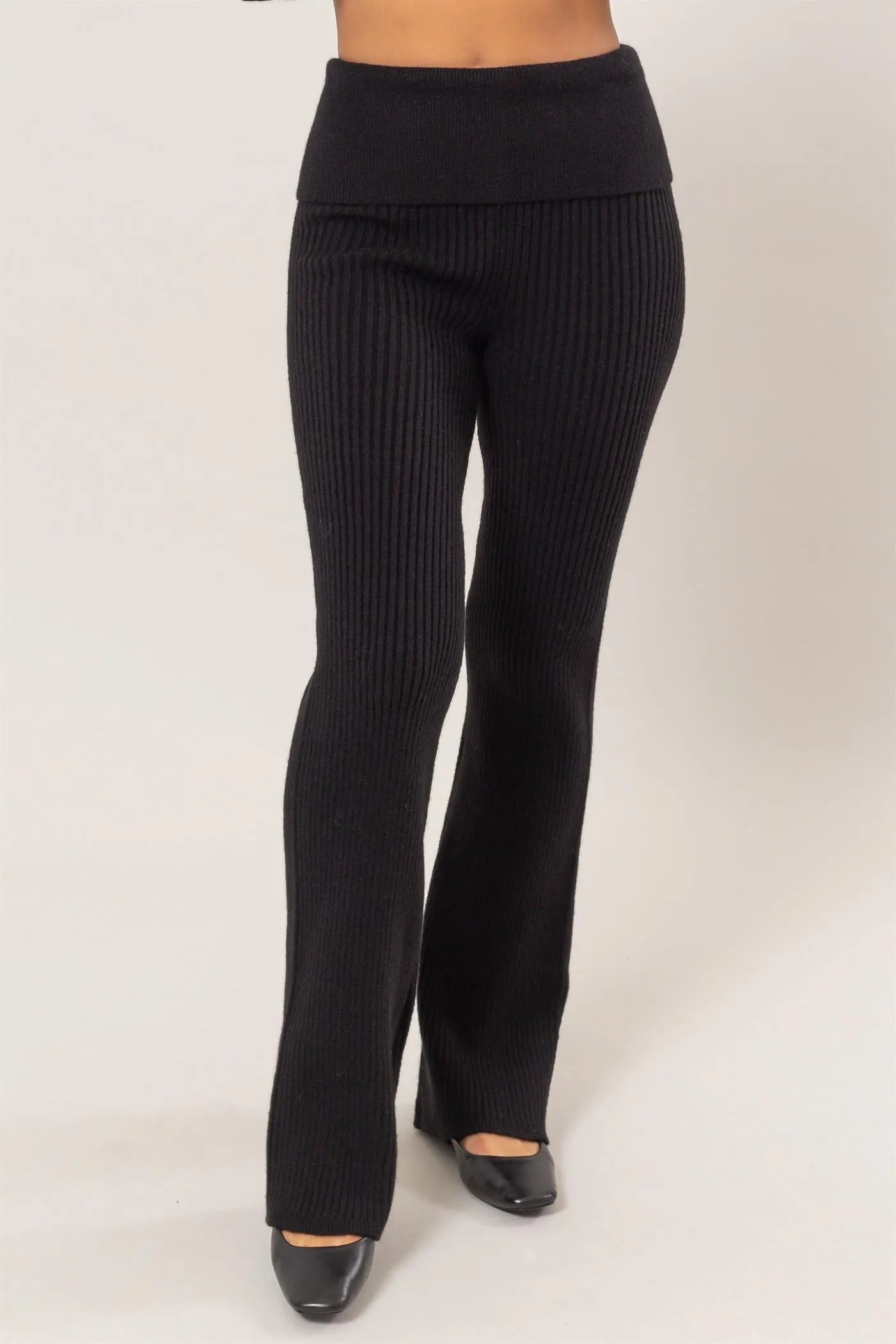 DZ24G075-Fold Over Waist Ribbed Flared Knit Pants