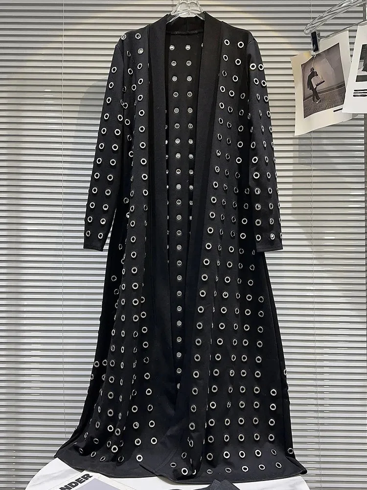 Elegant Black Punch Hole Long Trench Coat