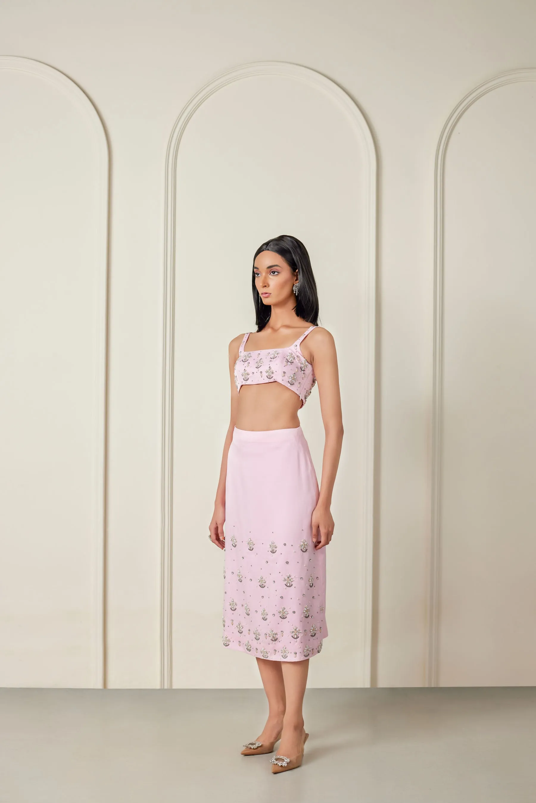 Embellished Crop Top And Midi Skirt Co-ord Set