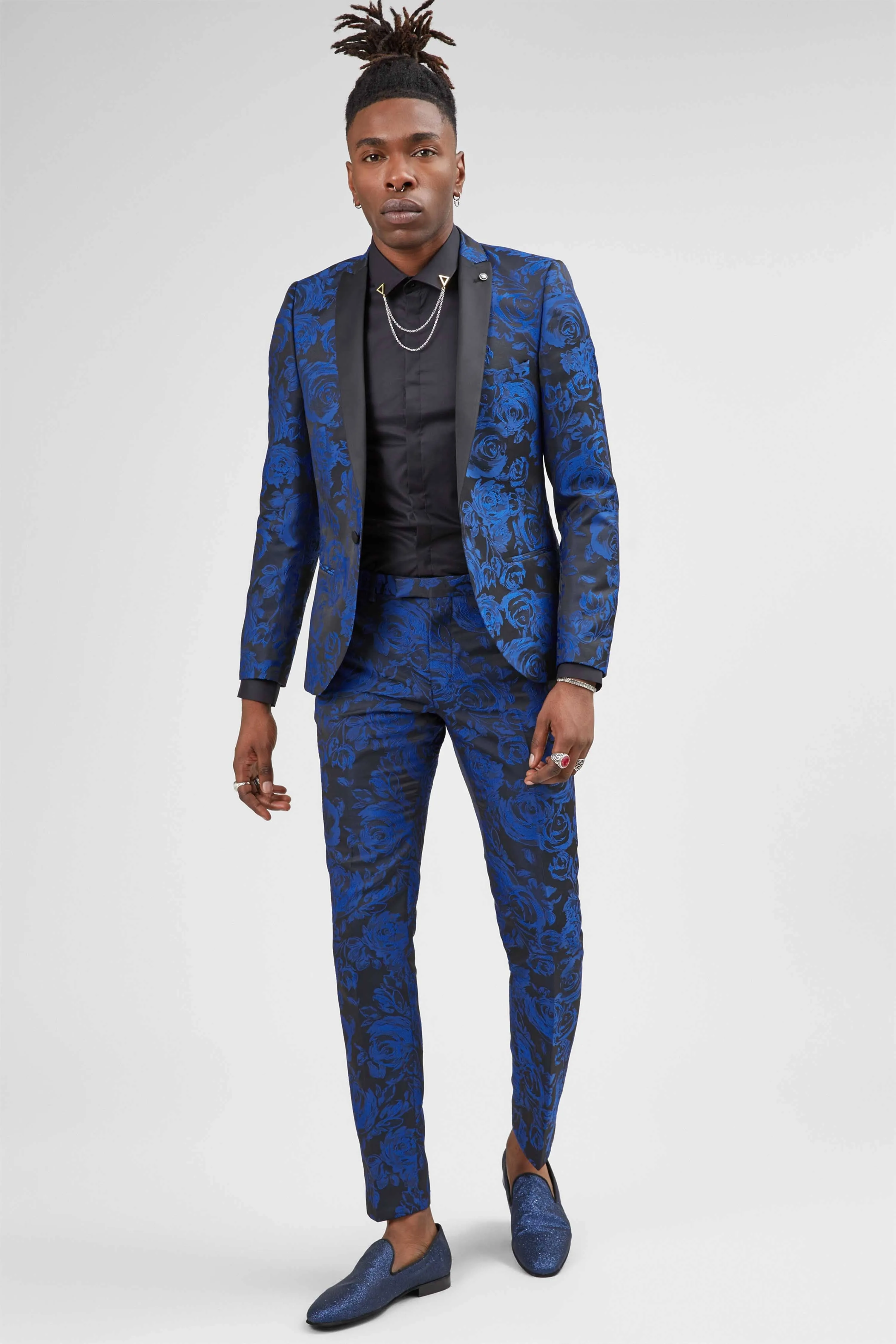 Ersat Skinny Fit Blue Floral Tuxedo Jacket