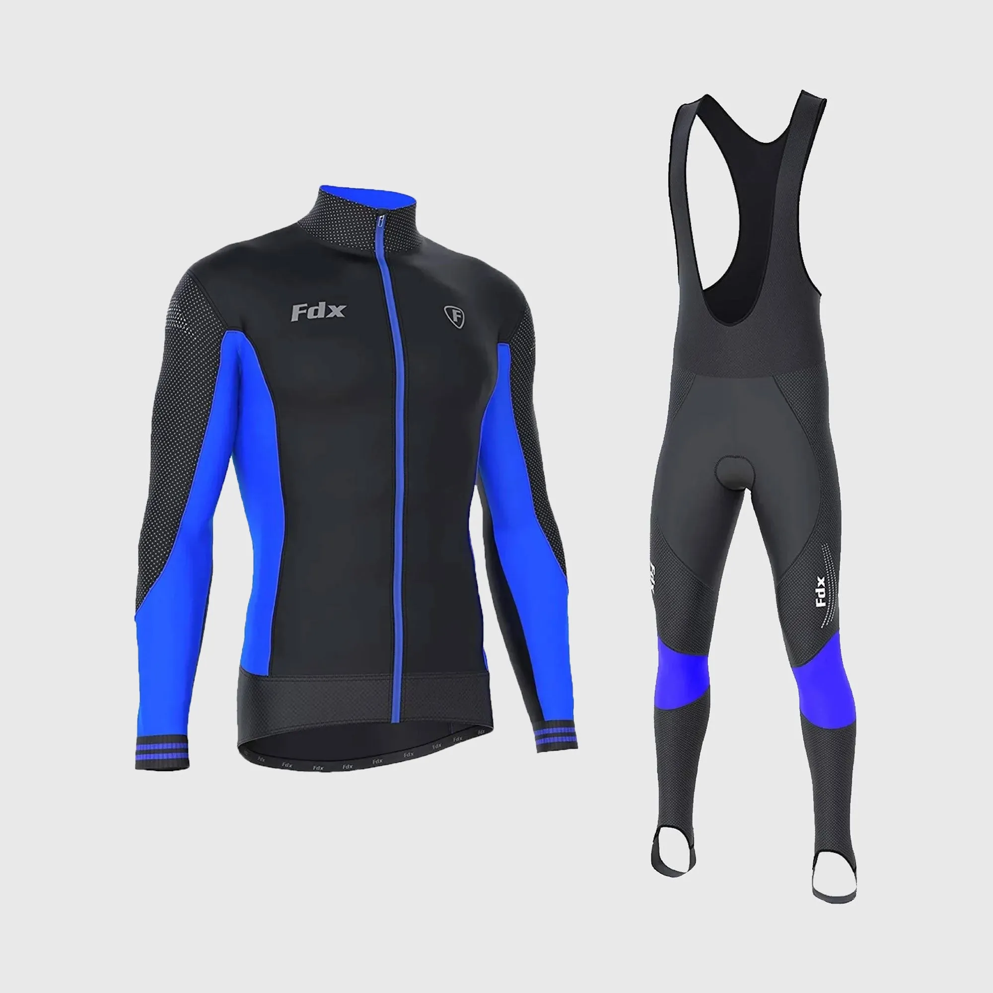 Fdx Men's & Boy's Set Thermodream Thermal Roubaix Long Sleeve Cycling Jersey & Bib Tights - Blue