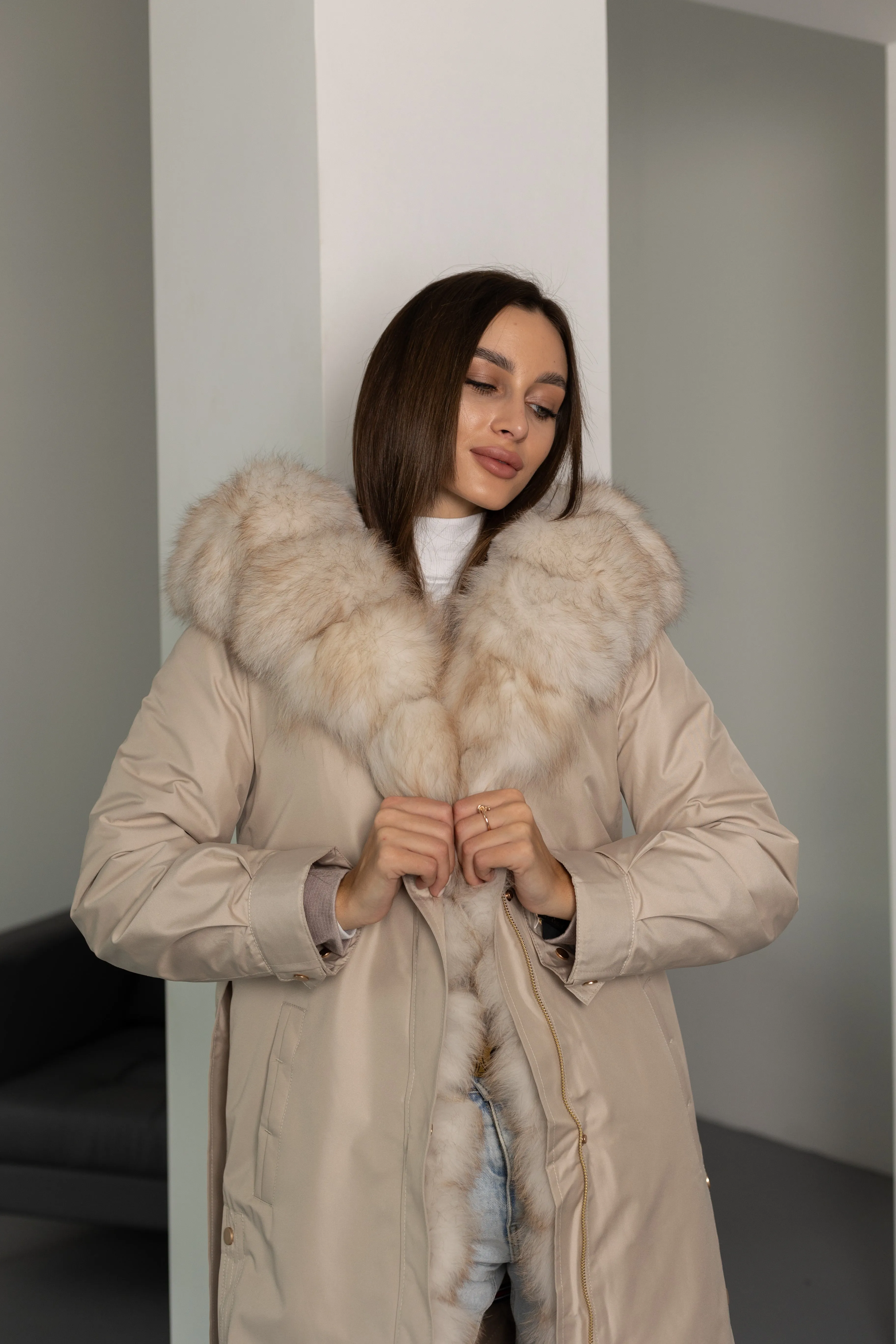 Genuine Polar Fox Fur Trim Rabbit Fur Insulated Parka