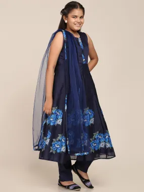 Girls Navy Blue Floral Printed Panelled Kurta With Trousers & With Dupatta