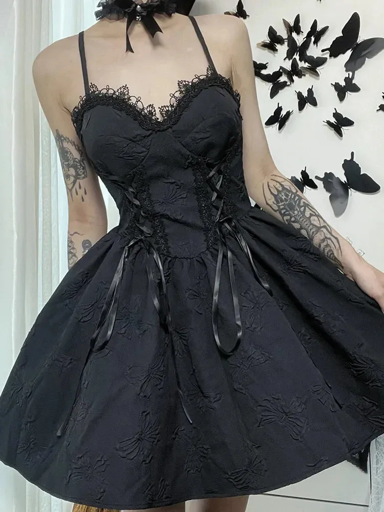 Goth Grunge Fairy Rose Backless Line Up A V Party Print Neck Lace Summer Frock