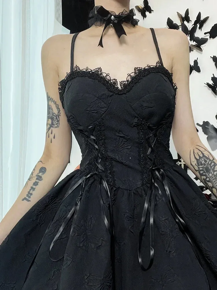 Goth Grunge Fairy Rose Backless Line Up A V Party Print Neck Lace Summer Frock