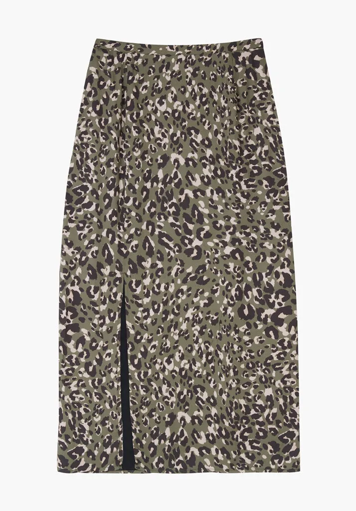 Grace Side Slit Khaki Cat Print Midi Skirt In Green