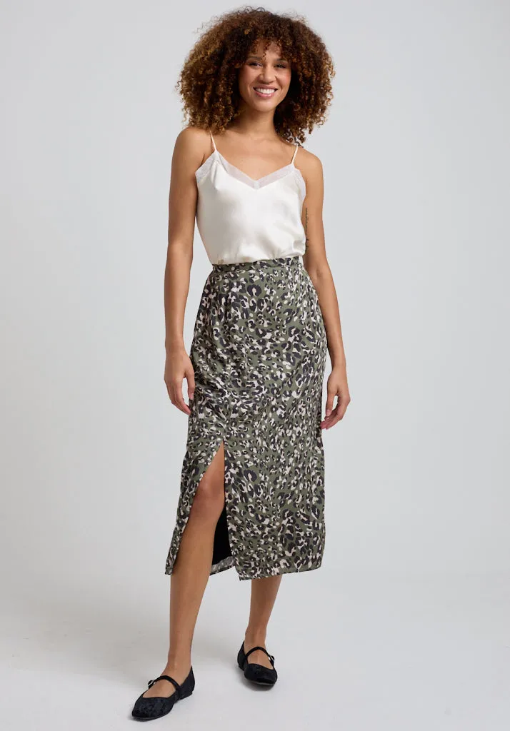 Grace Side Slit Khaki Cat Print Midi Skirt In Green