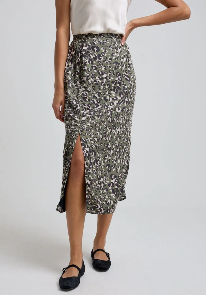 Grace Side Slit Khaki Cat Print Midi Skirt In Green