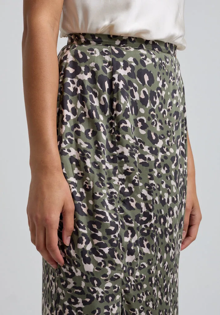 Grace Side Slit Khaki Cat Print Midi Skirt In Green