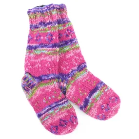 Hand Knitted Wool Slipper Socks Lined - SD Pink Purple