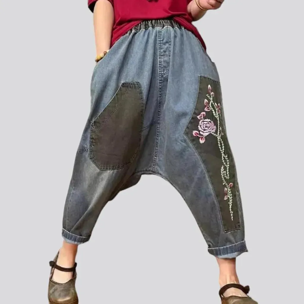 High-waist embroidered jean pants for women