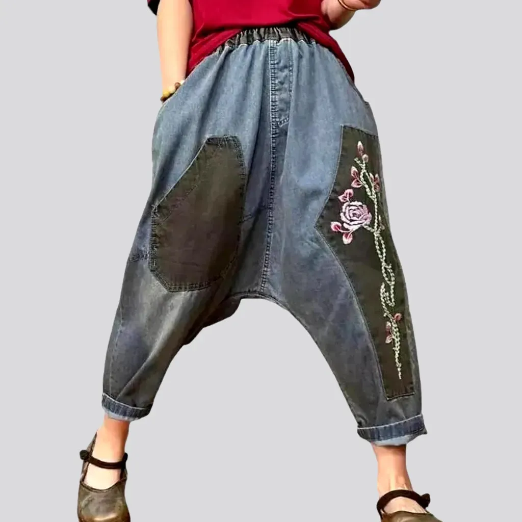 High-waist embroidered jean pants for women