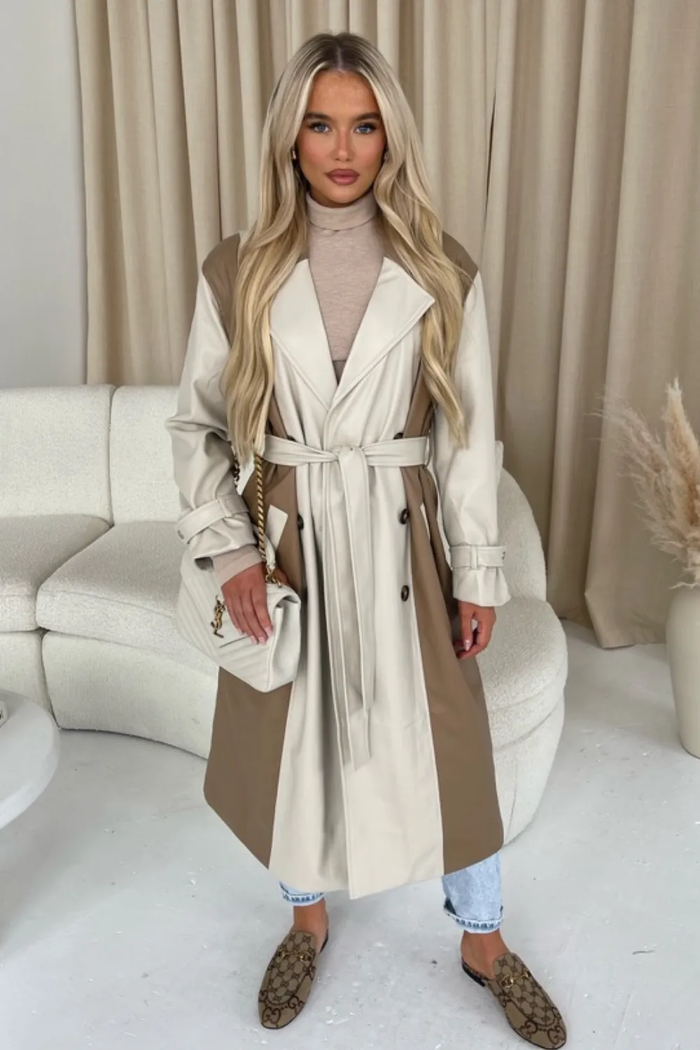 Holly camel and cream contrast leather trench coat