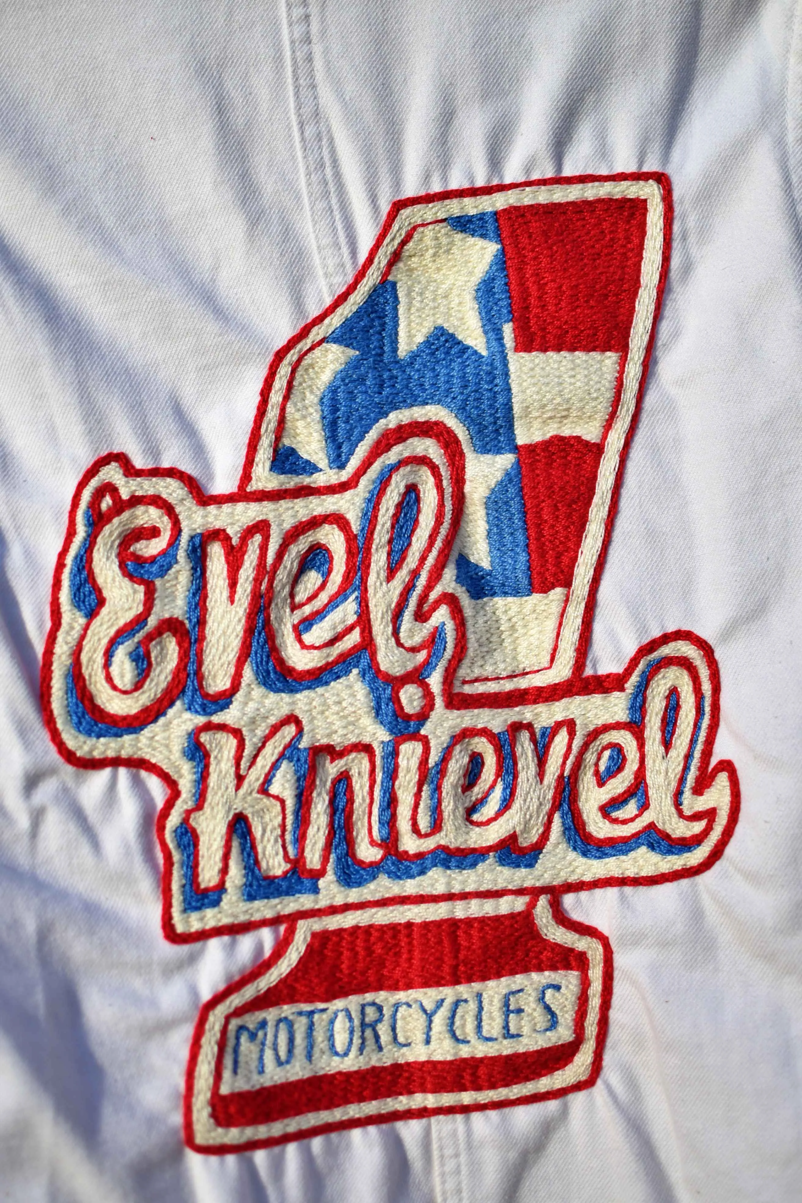 Jacket white workwear from the 50's Evel Knievel  hand embroidered chainstitch/veste ouvrière brodée main point de chaînette