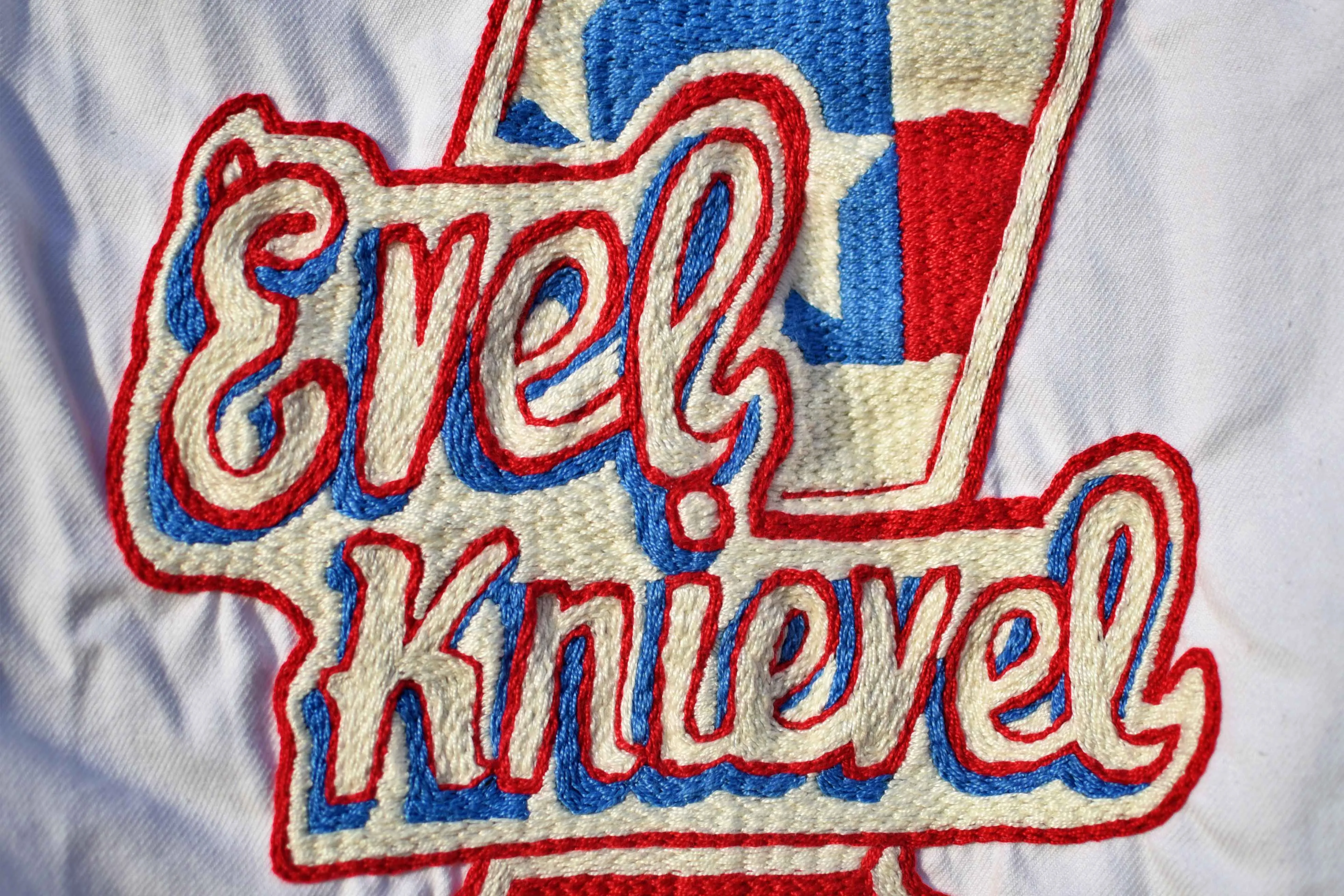 Jacket white workwear from the 50's Evel Knievel  hand embroidered chainstitch/veste ouvrière brodée main point de chaînette