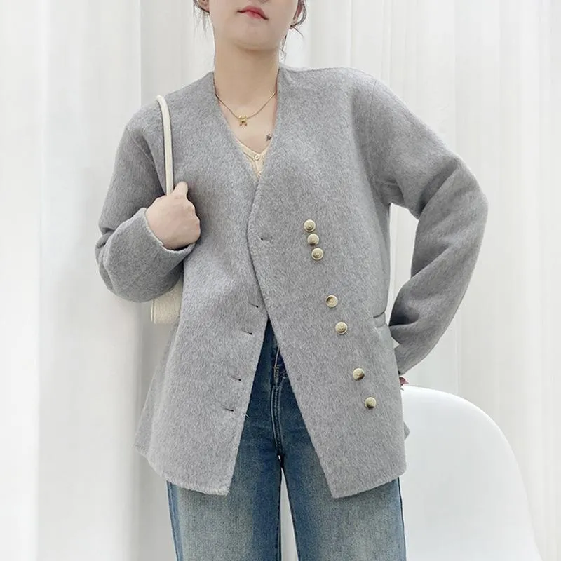 Joskaa V-Neck Multi-Button Short Woolen Jackets Women's Elegant Loose Single Breasted Double-Sided Wool Coats Fall Outfits 2024