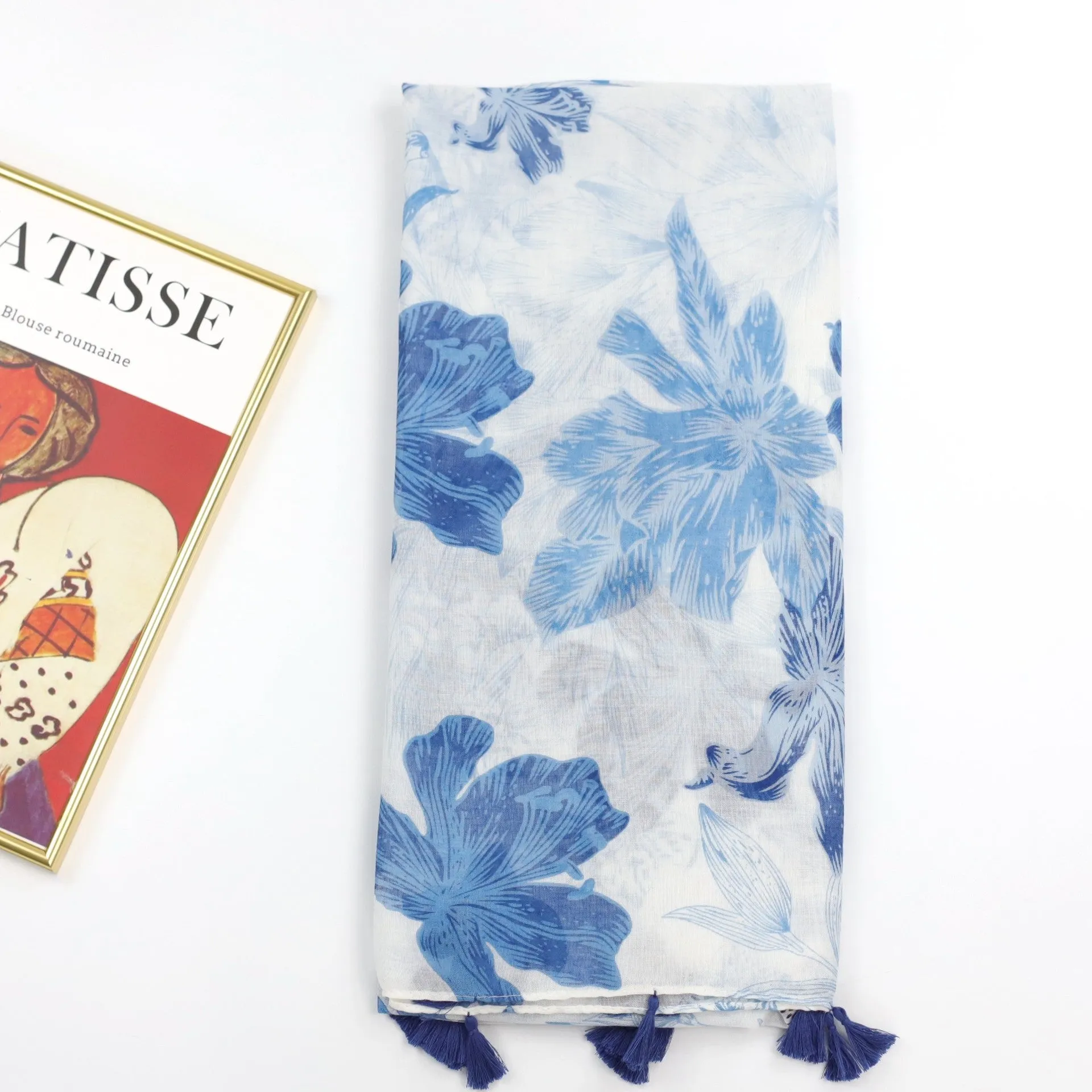 JY230407 Blue banana leaf printed scarf