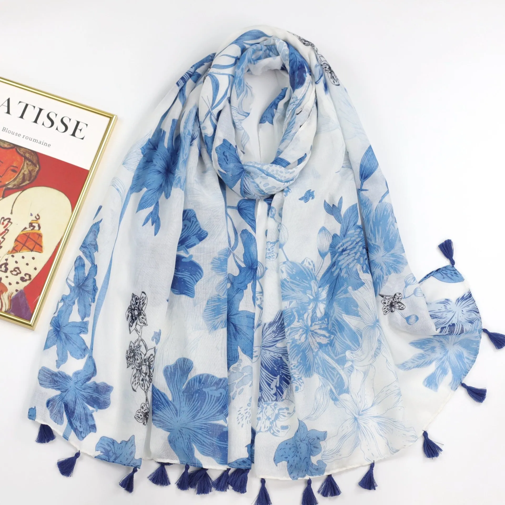 JY230407 Blue banana leaf printed scarf