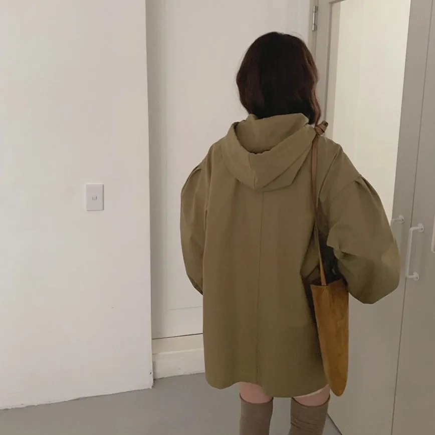 [Korean Style] Jayla Single Breasted Loose Fit Hooded Overcoat