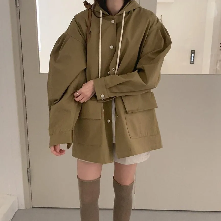 [Korean Style] Jayla Single Breasted Loose Fit Hooded Overcoat