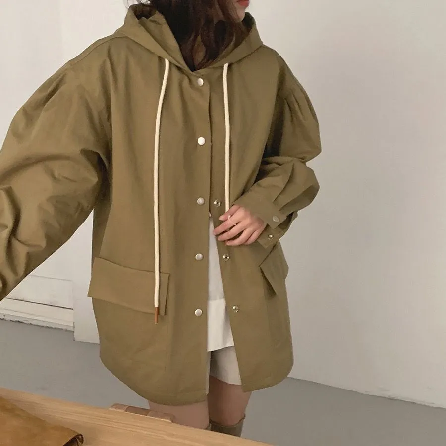 [Korean Style] Jayla Single Breasted Loose Fit Hooded Overcoat