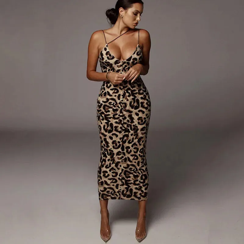 Leopard Print Sleeveless V-neck Midi Dress for Women