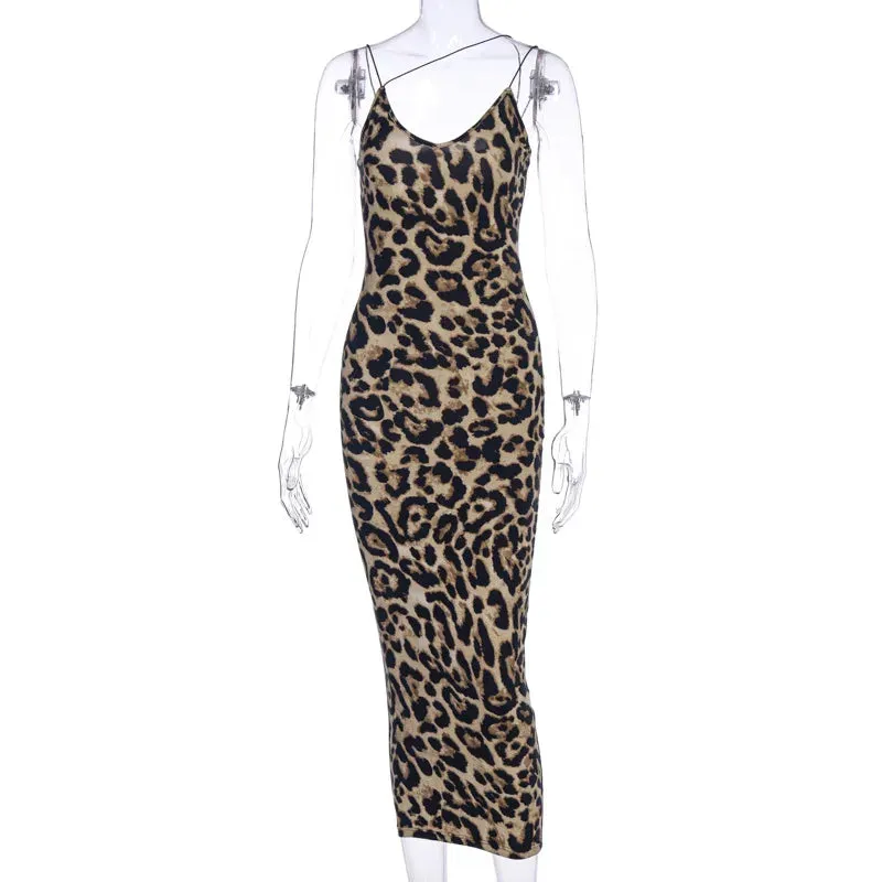 Leopard Print Sleeveless V-neck Midi Dress for Women