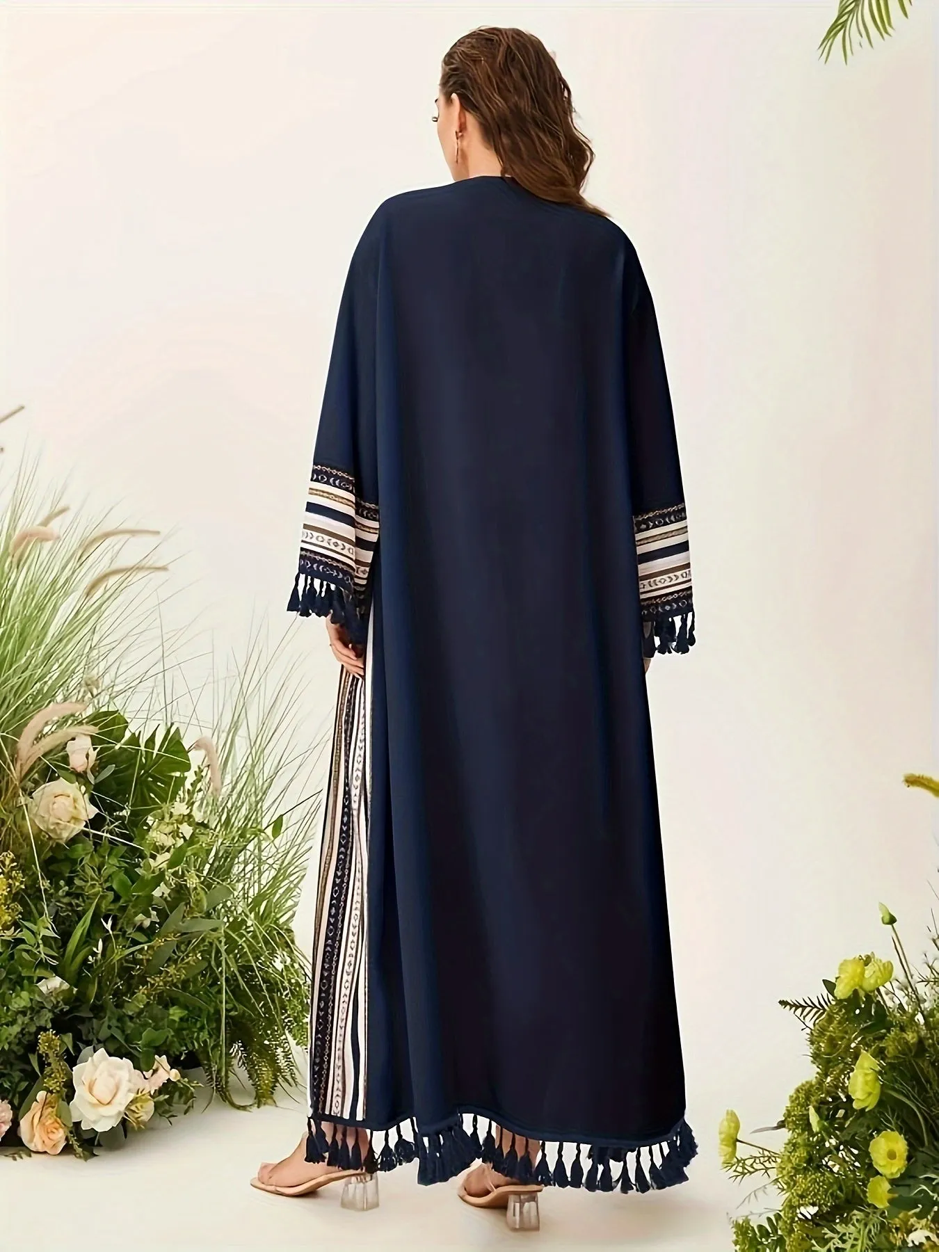 Luxurious Long Sleeve Abaya Robe - Elegant Tassel Hem, Polyester Fabric, Machine Washable, Solid Color, Middle East Style, Perfect for All Seasons - Womens Clothing