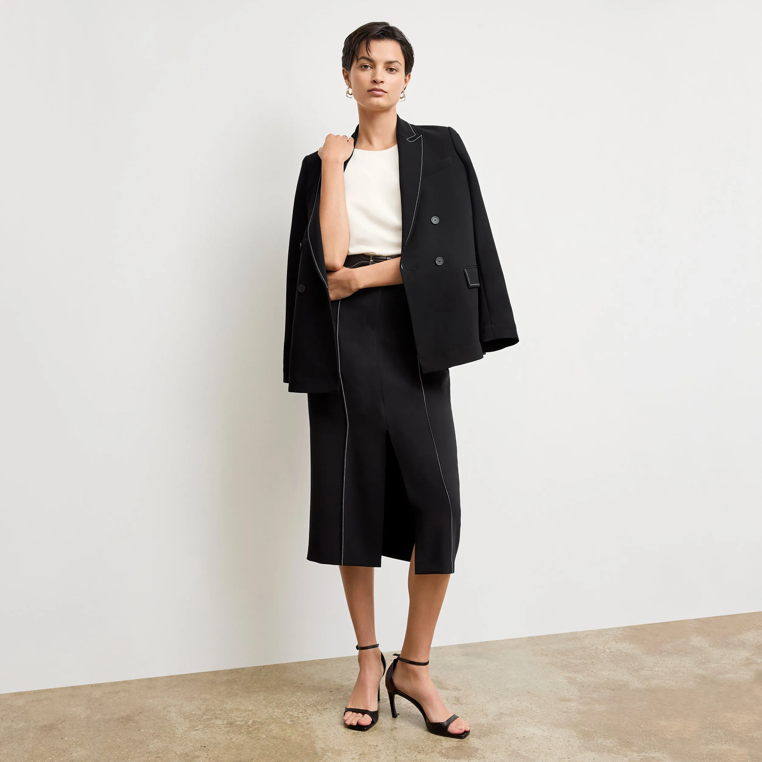 Meghan Midi Skirt - Everyday Crepe with Topstitch :: Black