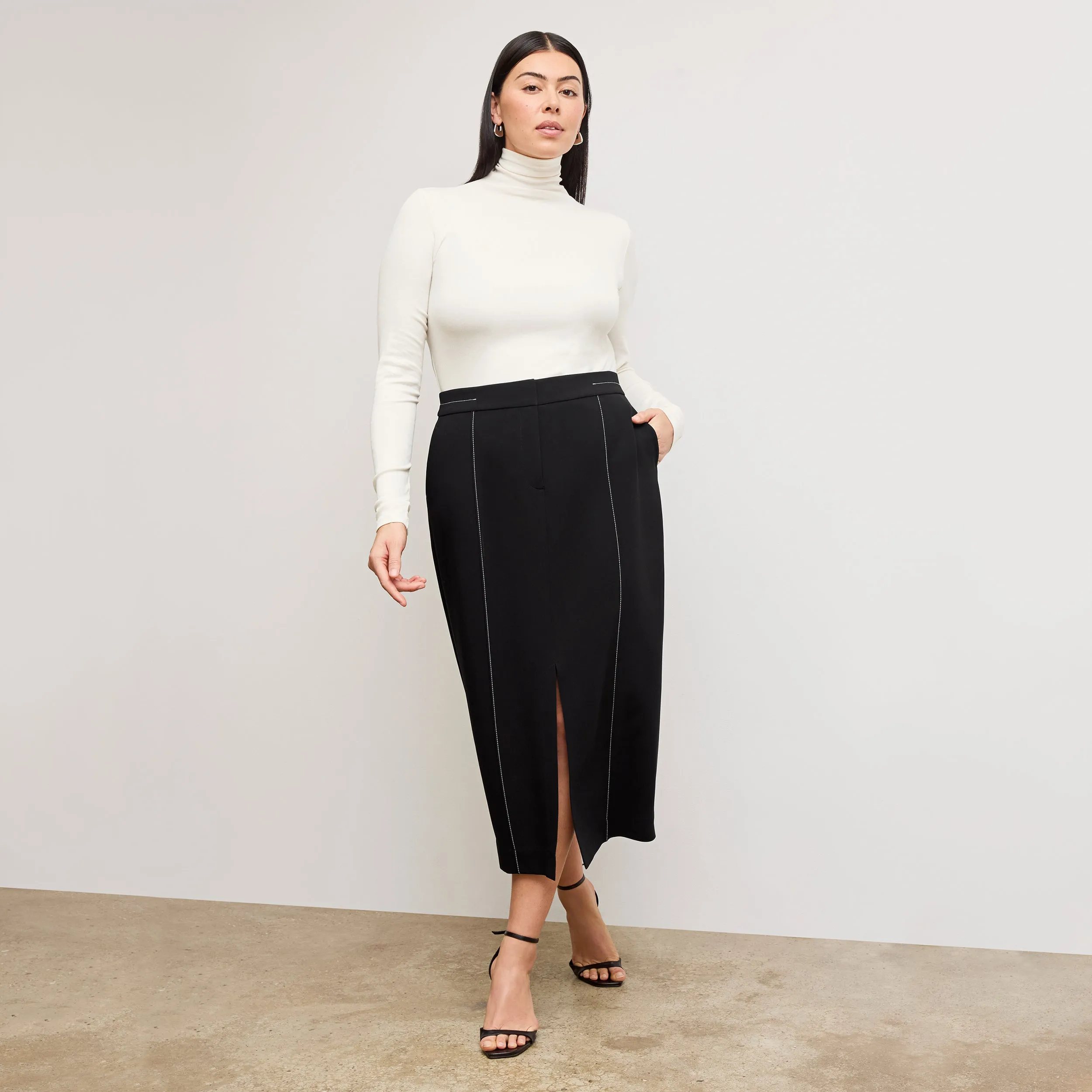 Meghan Midi Skirt - Everyday Crepe with Topstitch :: Black