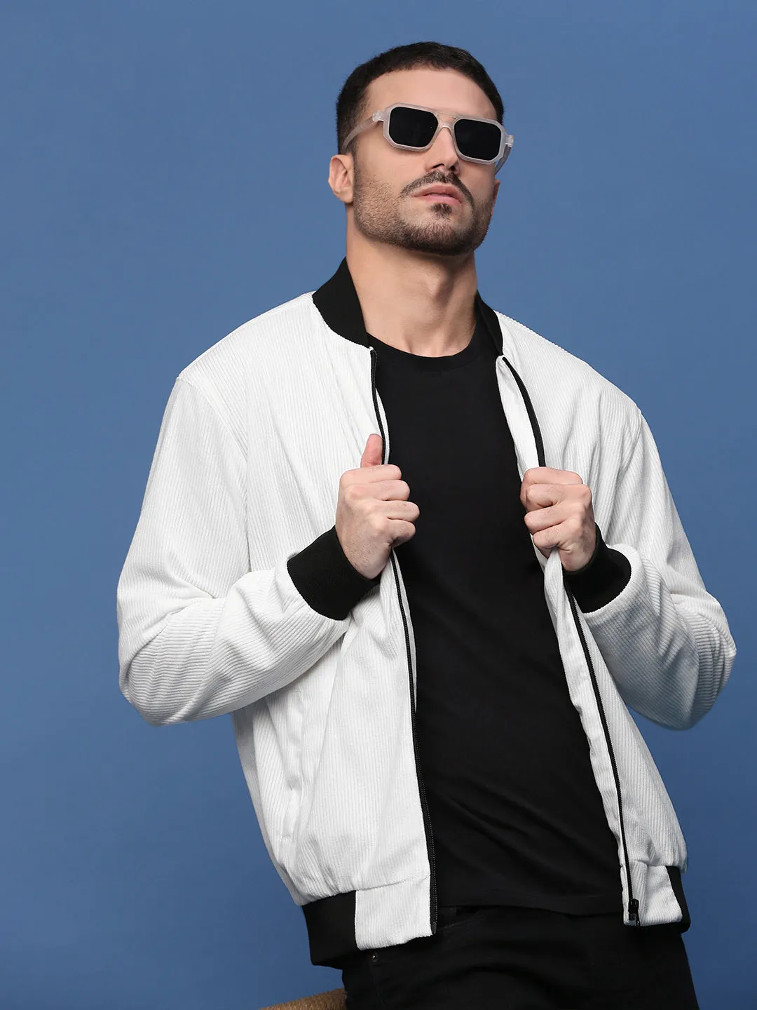 Men Solid White Bomber Jacket