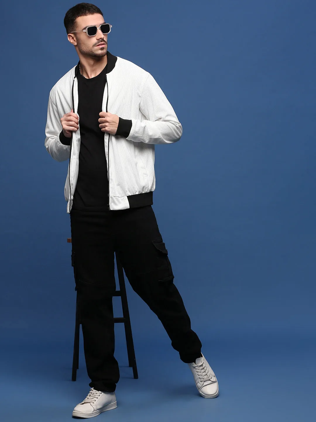 Men Solid White Bomber Jacket