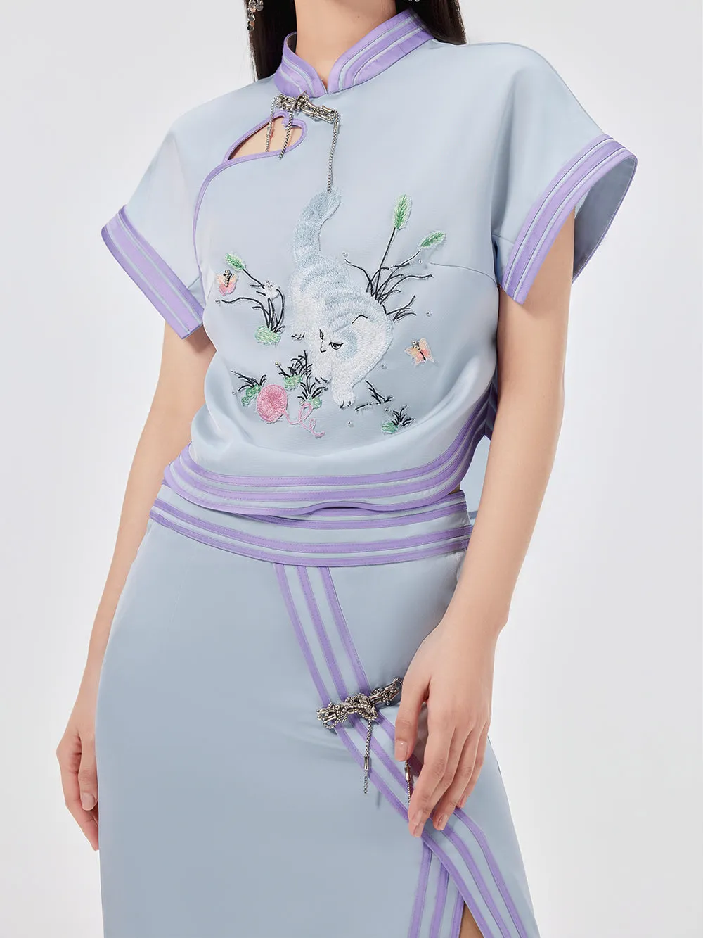 MUKZIN Chinese Style Cat Embroidery Print Slit Midi Skirt