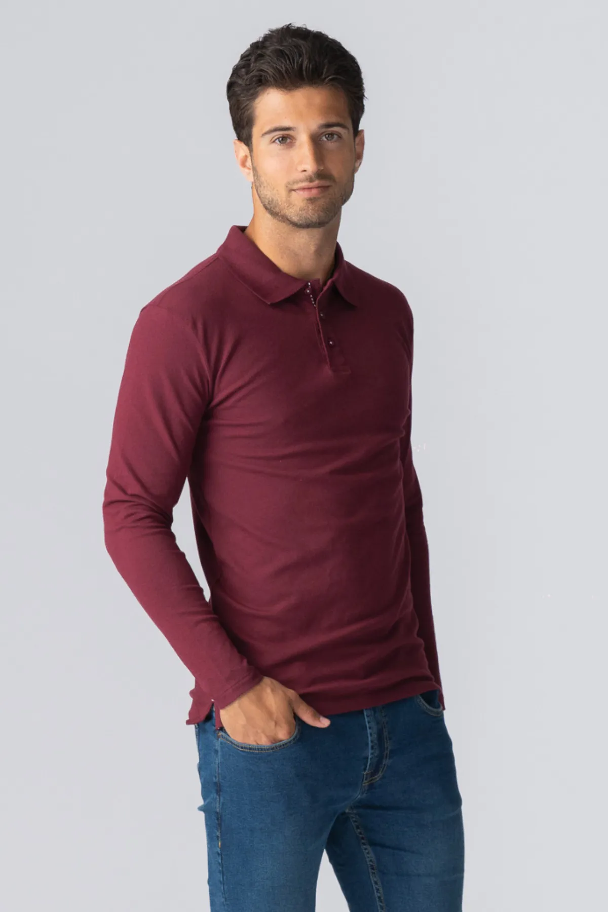 Muscle Long Sleeve Polo Shirt - Burgundy