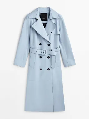 Nappa leather trench-style blue coat with belt