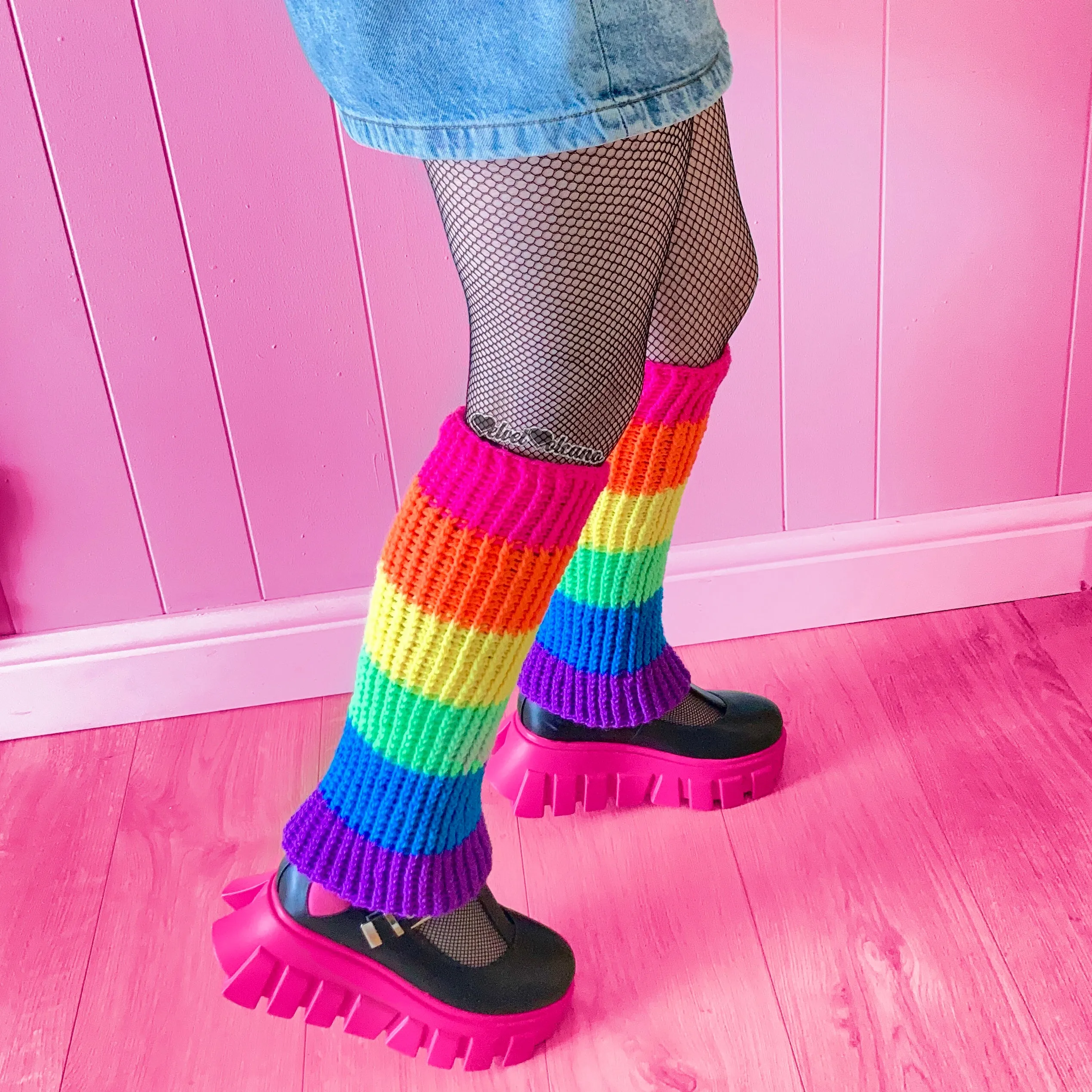 Neon Rainbow Striped Flared Leg Warmers