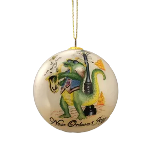 New Orleans Jazz Gator Plays Sax Hand Painted Glass Ornament