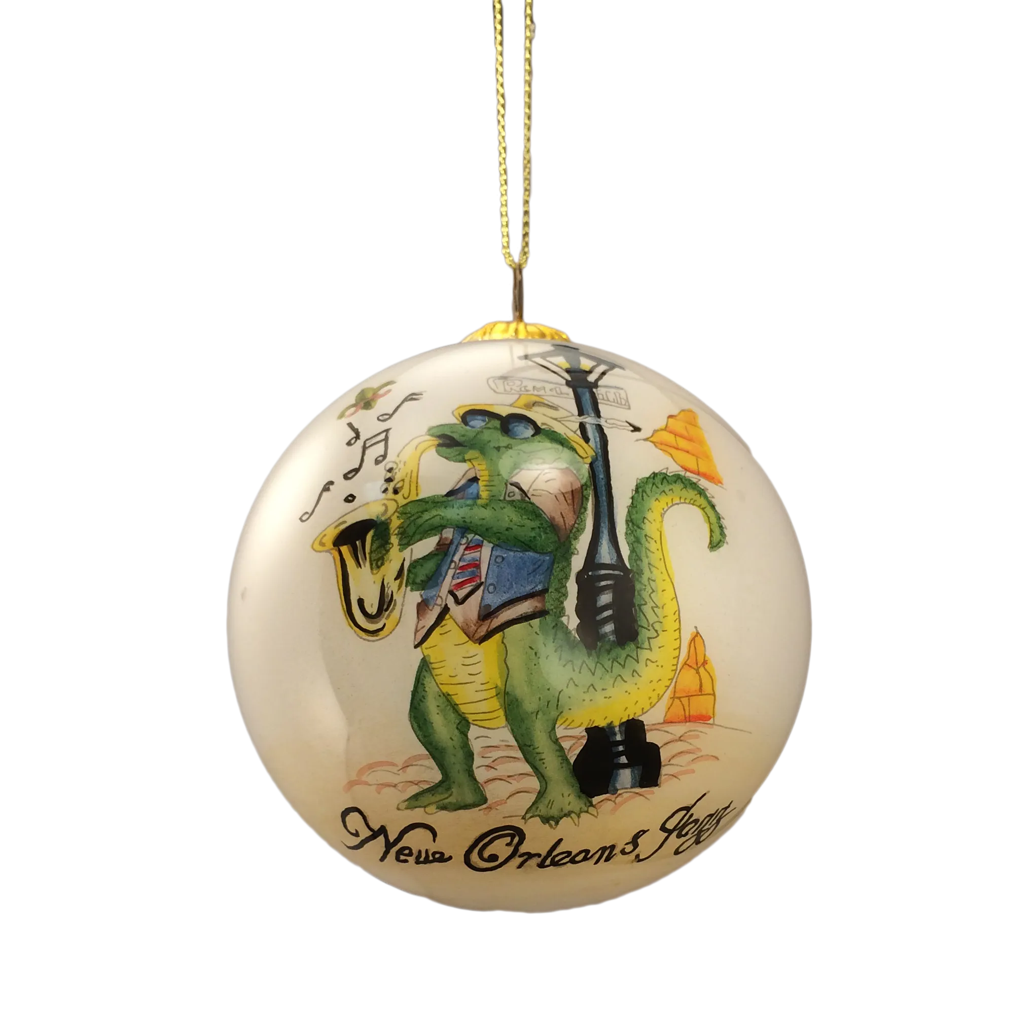 New Orleans Jazz Gator Plays Sax Hand Painted Glass Ornament