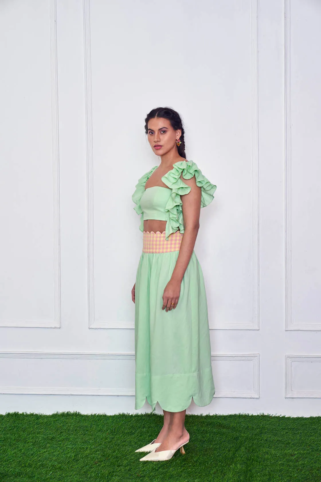 Pastel Mint Ruffled Sleeve Crop Top And Skirt Co Ord